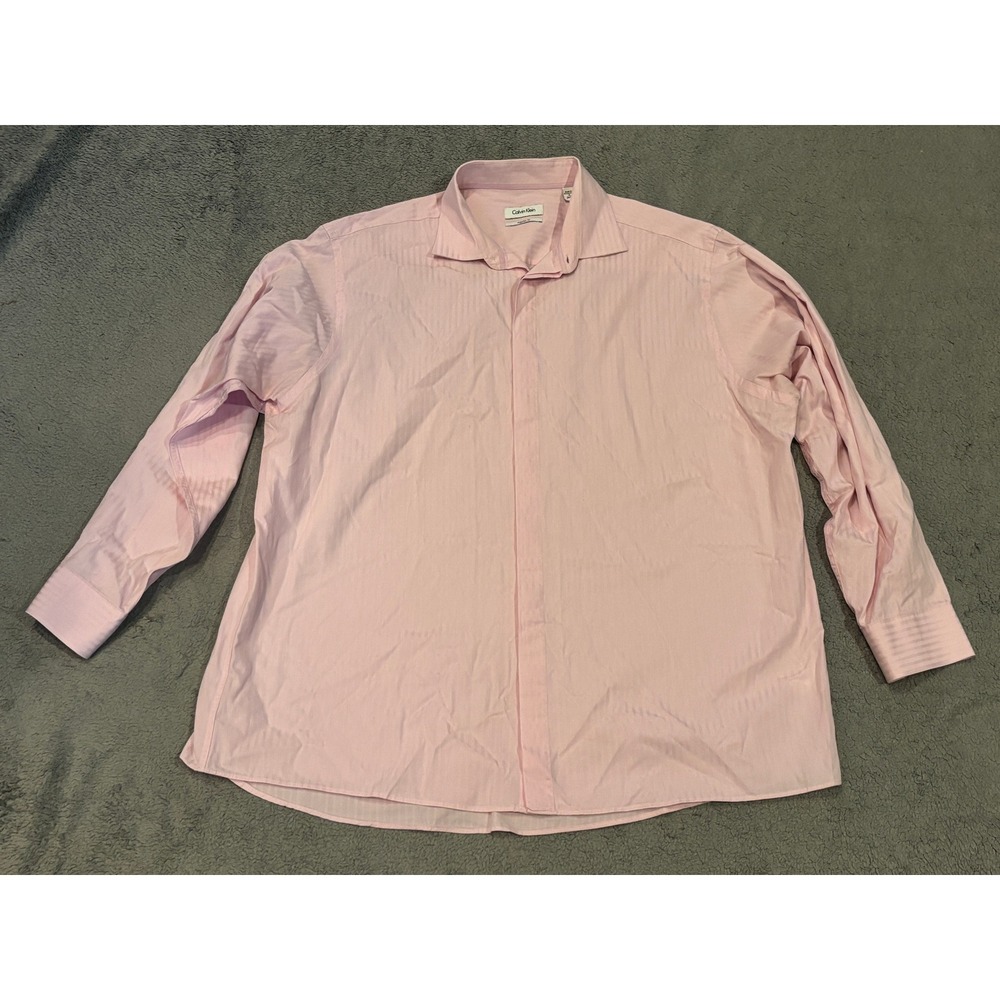 Calvin Klein Mens Pink Striped Dress Shirt Regular Fit 18 34/35 100% Cotton